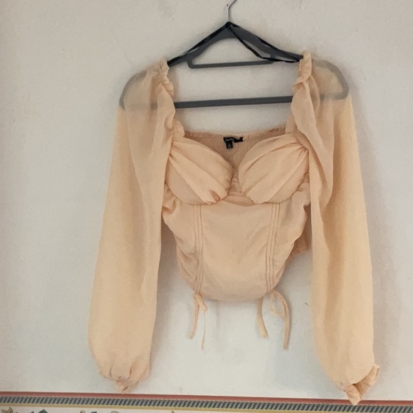 Papaya Tops - Papaya Corset Style Crop Top w/Long Puff Sleeves, Size S, Nude, NWT